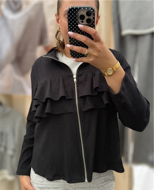 Black Geo Ruffle Zip