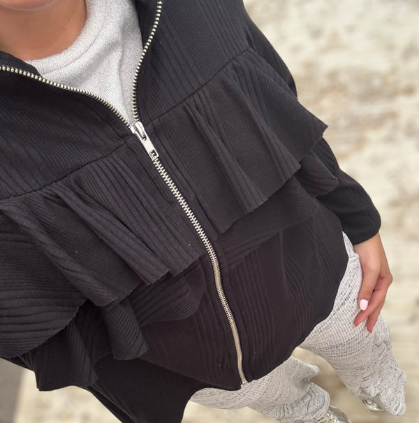 Black Geo Ruffle Zip