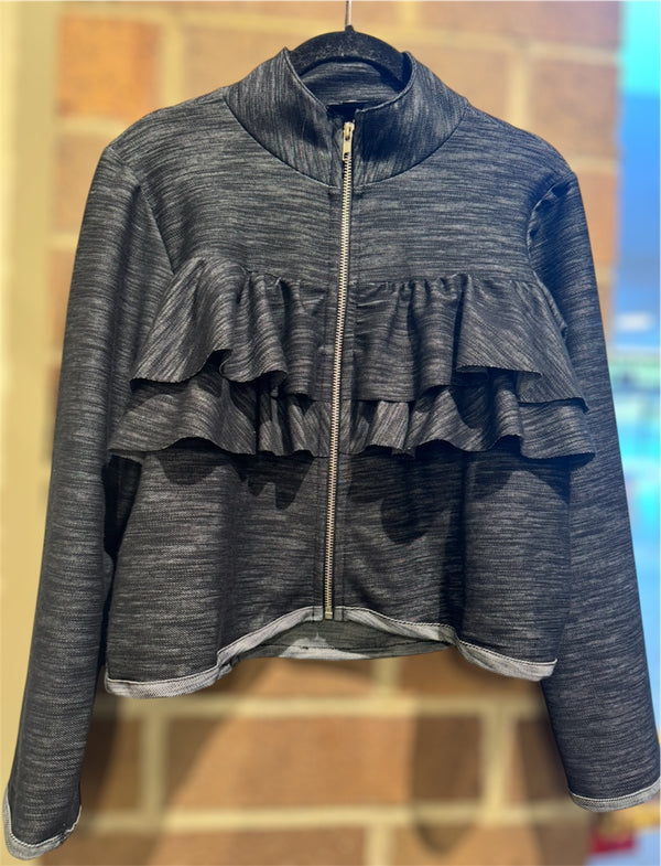Striated Denim Ruffle Zip